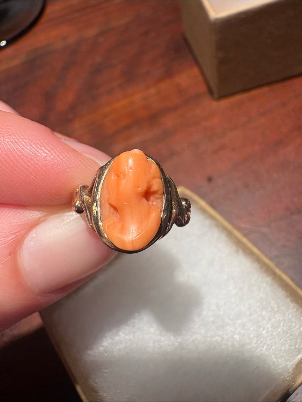 Carved Coral Cameo Ring - Orange Coral Center